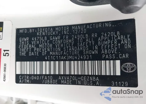 2021 Toyota Camry Le z USA, uszkodzony, nr VIN 4T1C11AK3MU424931